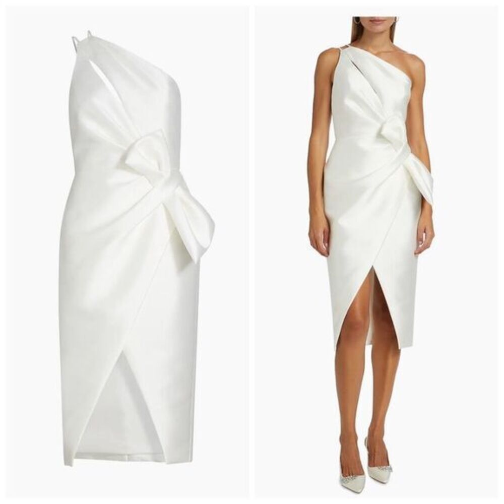 Amsale Asymmetric Satin One-Shoulder Midi-Dress size 6